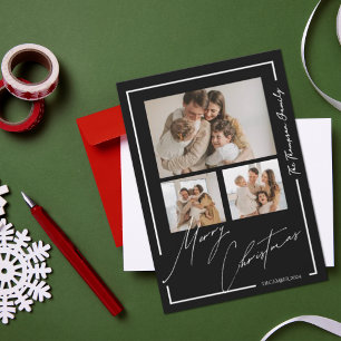 Elegant Merry Christmas Black White Multi Photo Holiday Card