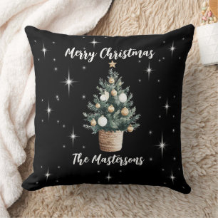 Elegant Merry Christmas Black with White Stars  Cushion