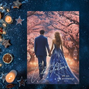 Elegant Merry Christmas Blue Pink Floral Photo Holiday Card