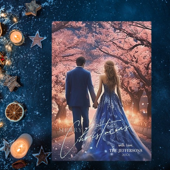 Elegant Merry Christmas Blue Pink Floral Photo  Holiday Card (Creator Uploaded)