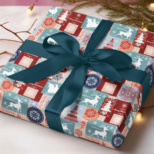 Elegant Merry Christmas Blue Red Collage Wrapping Paper