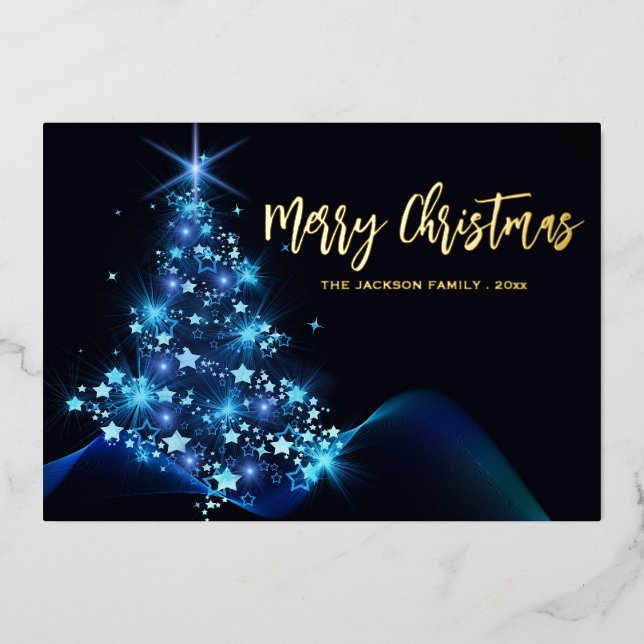 Elegant Merry Christmas Blue Sparkle Tree Foil Holiday Card (Front)