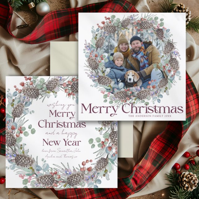 Elegant Merry Christmas Botanical Wreath & Photo Holiday Card (Creator Uploaded)