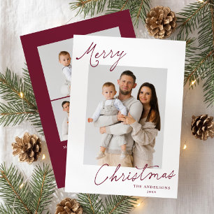 Elegant Merry Christmas Burgundy Script Photo Holiday Card