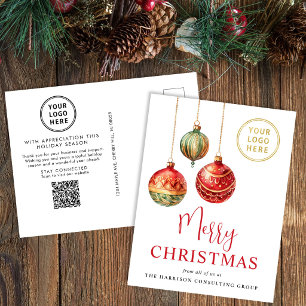 Elegant Merry Christmas Business Logo QR Code Holiday Postcard
