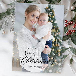 Elegant Merry Christmas Calligraphy 1-Photo Holiday Card