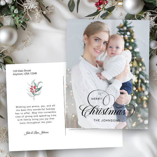 Elegant Merry Christmas Calligraphy 1-Photo Holiday Postcard (Creator Uploaded)