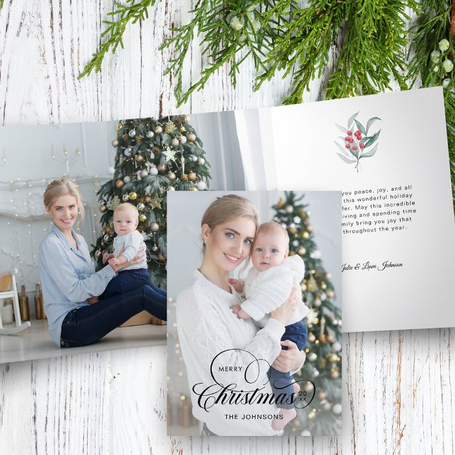 Elegant Merry Christmas Calligraphy 1-Photo Tri-Fold Holiday Card (Creator Uploaded)