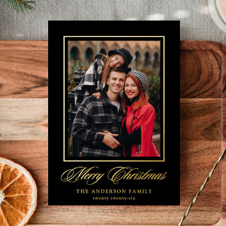 Elegant Merry Christmas Calligraphy Black 4 Photo Foil Holiday Card
