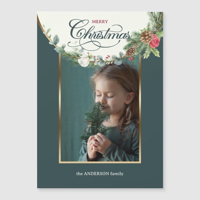 Elegant Merry Christmas Calligraphy Floral Photo (Front)