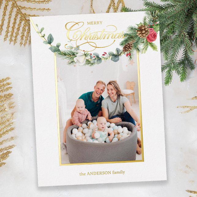 Elegant Merry Christmas Calligraphy Floral Photo F Foil Holiday Card (Creator Uploaded)