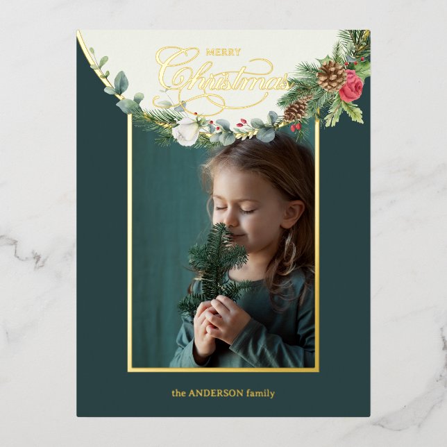 Elegant Merry Christmas Calligraphy Floral Photo Foil Holiday Postcard (Front)