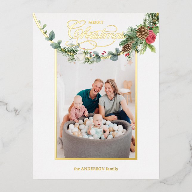 Elegant Merry Christmas Calligraphy Floral Photo  Foil Holiday Postcard (Front)