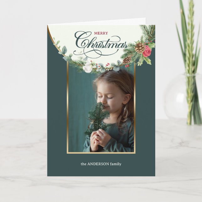 Elegant Merry Christmas Calligraphy Floral Photo Holiday Card (Front)