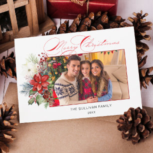 Elegant Merry Christmas Calligraphy Floral Photo Holiday Card