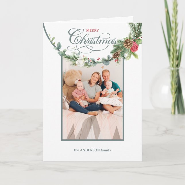 Elegant Merry Christmas Calligraphy Floral Photo  Holiday Card (Front)