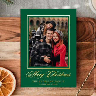 Elegant Merry Christmas Calligraphy Green 4 Photo Foil Holiday Card