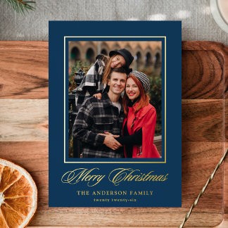 Elegant Merry Christmas Calligraphy Navy 4 Photo Foil Holiday Card