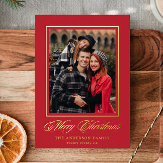 Elegant Merry Christmas Calligraphy Red 4 Photo Foil Holiday Card