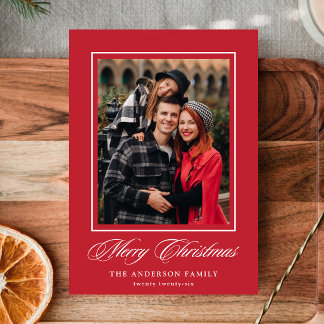 Elegant Merry Christmas Calligraphy Red 4 Photo Holiday Card