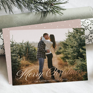 Elegant Merry Christmas Calligraphy Rose Photo Foil Holiday Card