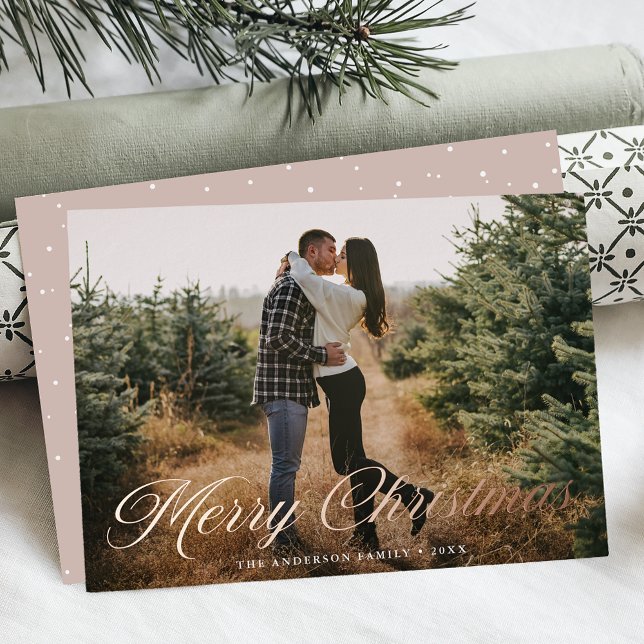 Elegant Merry Christmas Calligraphy Rose Photo Foil Holiday Card (Creator Uploaded)