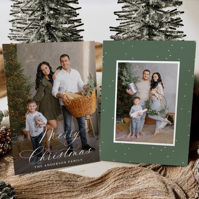 Elegant Merry Christmas Calligraphy Sage 2 Photo Holiday Card (Creator Uploaded)