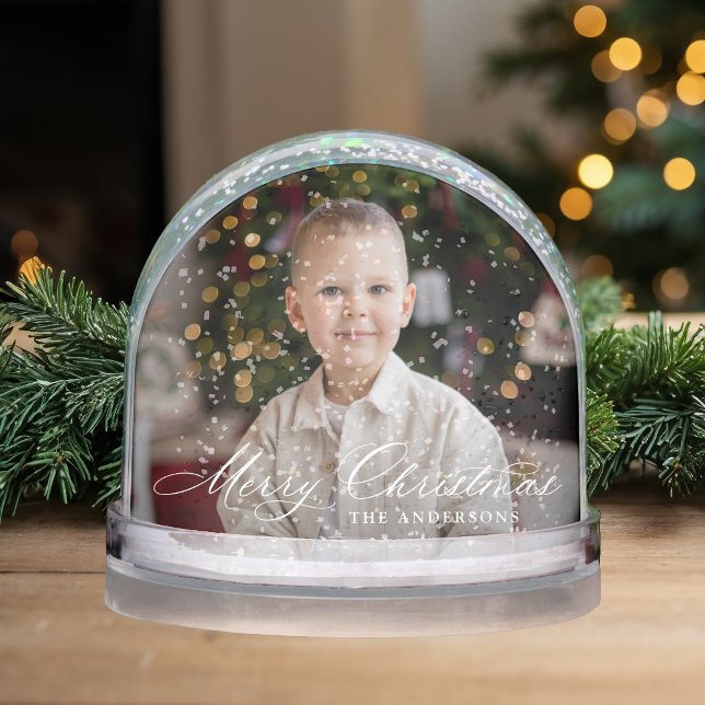 Elegant Merry Christmas Calligraphy Script 2 Photo Snowglobe (Creator Uploaded)