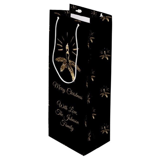 Elegant Merry Christmas Candle Pattern Black Gold Wine Gift Bag (Front Angled)
