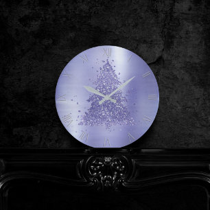 Elegant Merry Christmas   Charming Purple Tree Round Clock