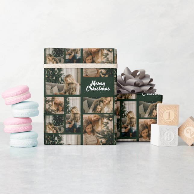 Elegant Merry Christmas Collage Green Wrapping Paper (Baby Shower)