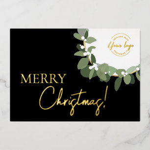 Elegant Merry Christmas Company Logo in Wreath Foil Holiday Card