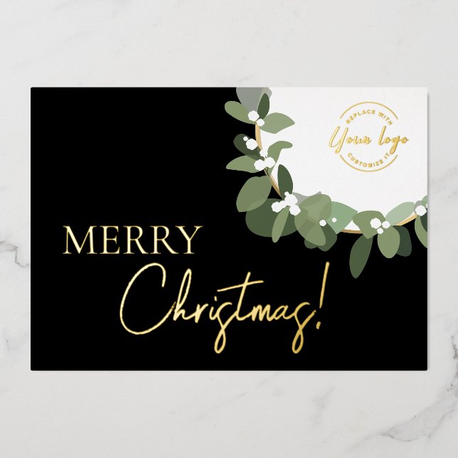 Elegant Merry Christmas Company Logo in Wreath Foil Holiday Card (Front)