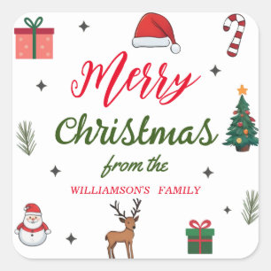 Elegant Merry Christmas Custom Family Name   Square Sticker