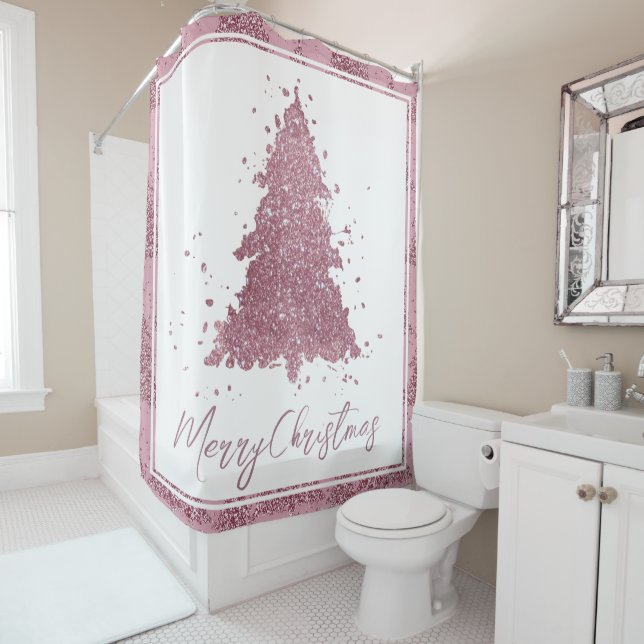 Elegant Merry Christmas | Dusty Mauve Pink Tree Shower Curtain (In Situ)