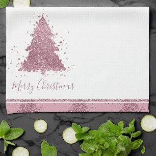 Elegant Merry Christmas Dusty Mauve Pink Tree Tea Towel