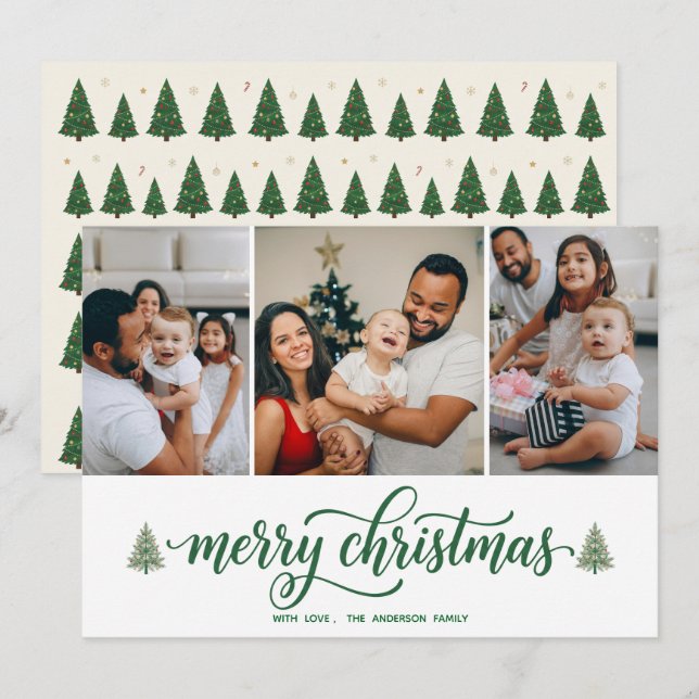 Elegant Merry Christmas Family 3 Photos Flat Card (Front/Back)