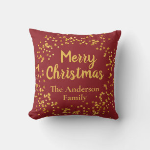 Elegant Merry Christmas Family Name Red and Gold Cushion