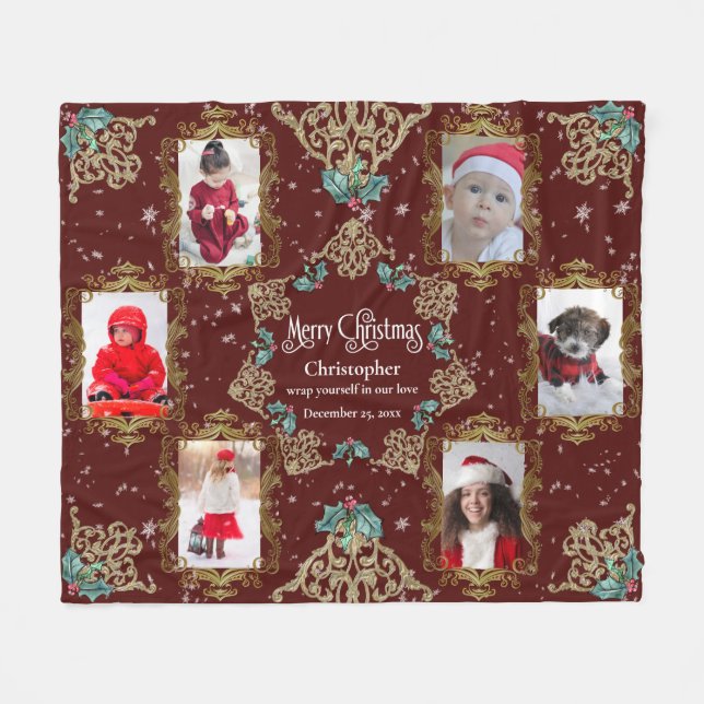 Elegant Merry Christmas Family Photo Collage Fleece Blanket (Front (Horizontal))