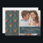 Elegant Merry Christmas Family Photo Holiday Card<br><div class="desc">An elegant golden and deep blue damask pattern on the background,  featuring your favourite photo and a cute wreath as illustration. Written "Merry Christmas" in golden letters.</div>