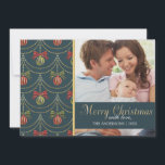 Elegant Merry Christmas Family Photo Holiday Card<br><div class="desc">An elegant golden and deep blue damask pattern on the background,  featuring your favourite photo and a cute wreath as illustration. Written "Merry Christmas" in golden letters.</div>