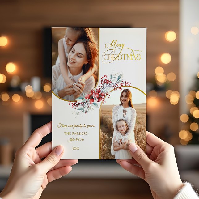 Elegant Merry Christmas Floral Gold Arch 2-Photo Foil Holiday Card (Creator Uploaded)