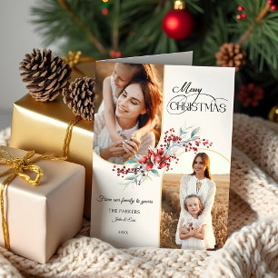Elegant Merry Christmas Floral Gold Arch 2-Photo Holiday Card