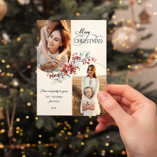 Elegant Merry Christmas Floral Gold Arch 2-Photo Holiday Card