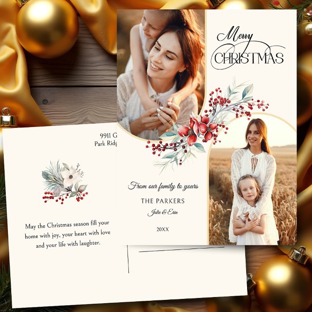 Elegant Merry Christmas Floral Gold Arch 2-Photo Holiday Postcard (Creator Uploaded)