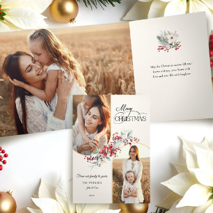 Elegant Merry Christmas Floral Gold Arch 2-Photo Tri-Fold Card