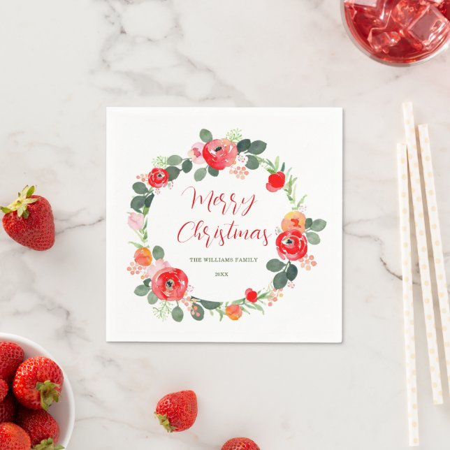 Elegant Merry Christmas Flower Wreath Christmas Napkin (Insitu)