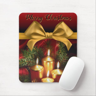 Elegant "Merry Christmas" Gold Bow and Candles Mouse Pad