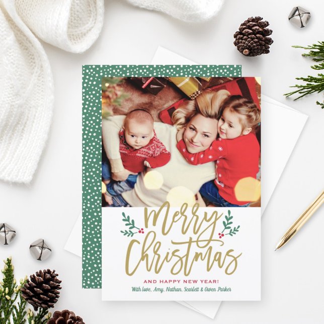 Elegant Merry Christmas Gold Brushed Script Photo Holiday Card (Creator Uploaded)