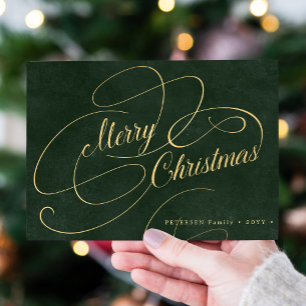 Elegant Merry Christmas gold dark green non-photo Holiday Card